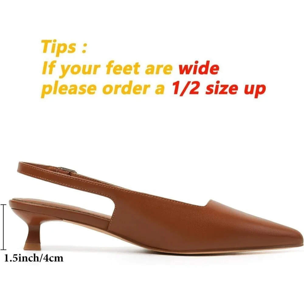 Women's Brown Pointed Closed Toe Slingback Kitten Heels Pumps Party Shoes - Picture 5 of 9